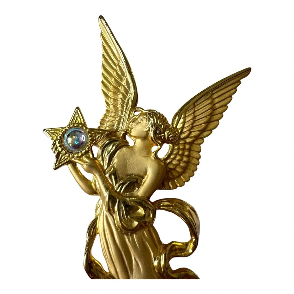 JJ Jonette Vintage Gold Tone Angel With Star and Faux Moonstone Brooch Pin